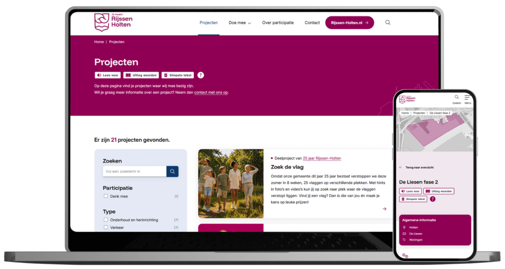 Overzichtspagina met de projecten op een laptop. Hier kun je projecten zoeken en filteren. Op mobiel zie je een detailpagina van een project met een afbeelding en algemene informatie over het project.