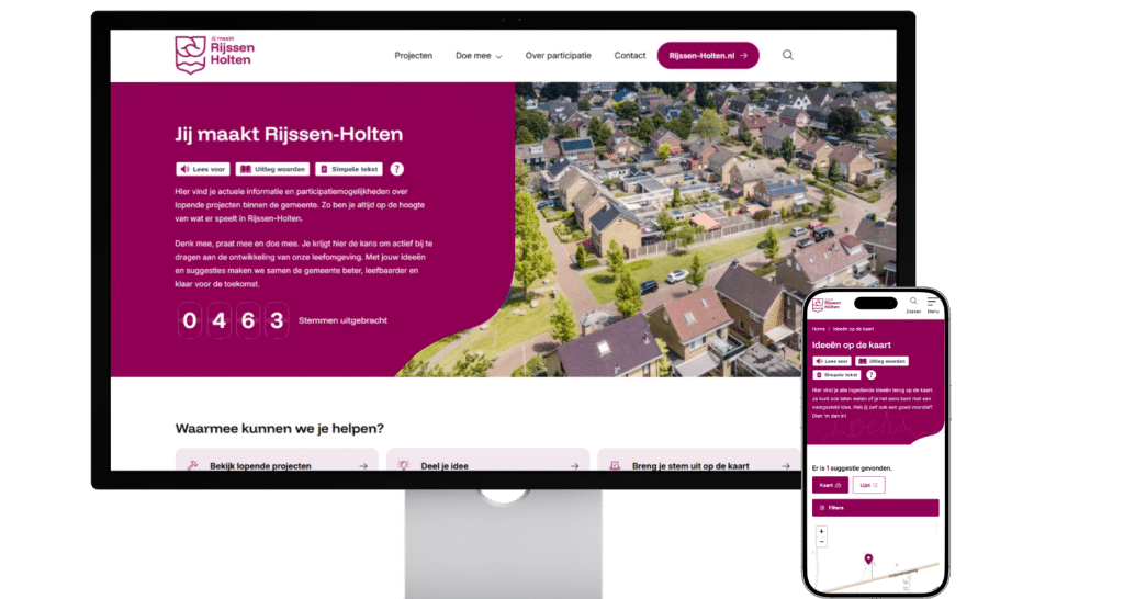 Homepage van het participatieplatform van gemeente Rijssen-Holten op een desktopscherm. In beeld is zichtbaar dat er al 463 stemmen zijn uitgebracht. Daarnaast een afbeelding van de pagina waar je ideeën op de kaart kunt indienen op een mobiele telefoon.