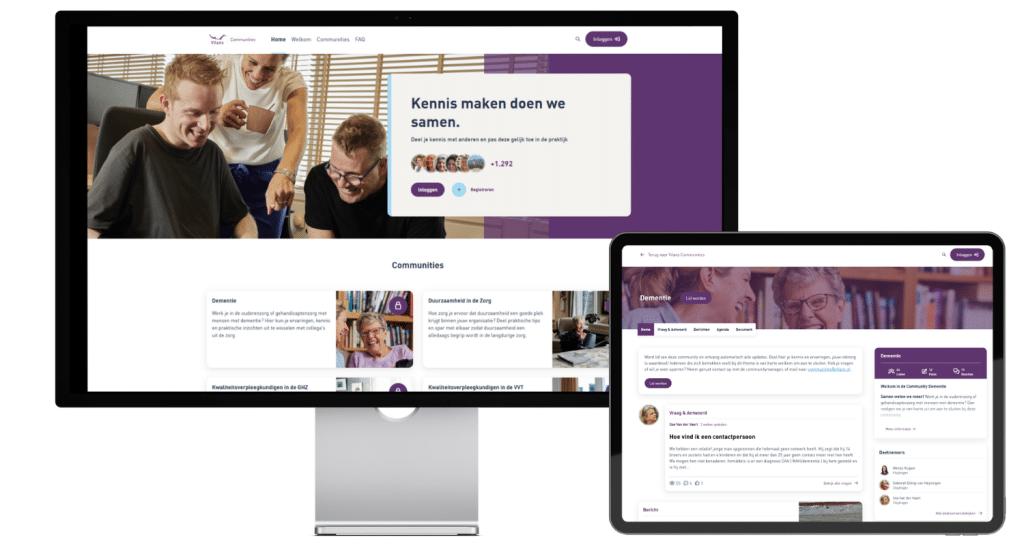 Homepage van Vilans Communities op een desktopscherm. Homepage van een community over dementie op een tablet.