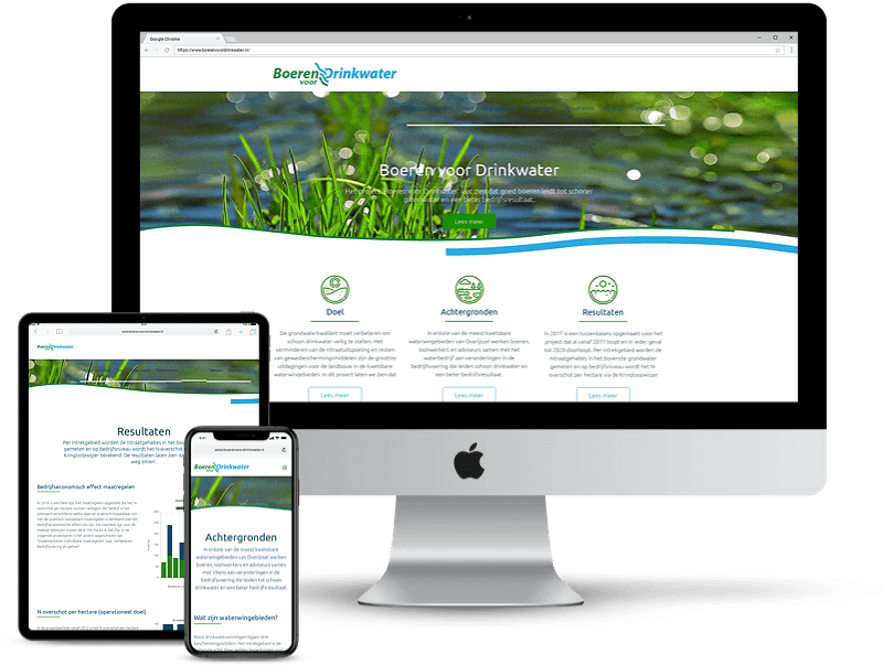 Visuele weergave hoe het platform Boerenvoordrinkwater.nl er op diverse apparaten eruit ziet.