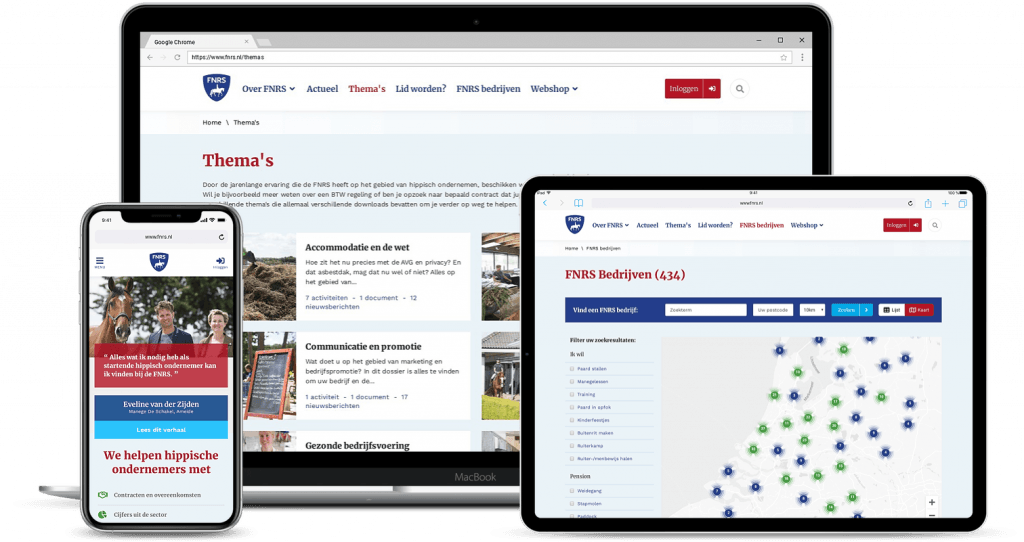 visuele weergave van het platform van FNRS. Zowel een beeld van mobiel, als tablet en laptop.