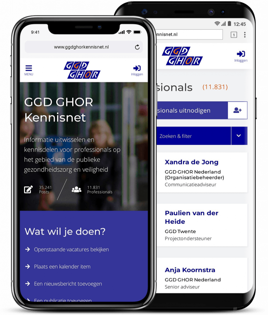 Visuele weergave hoe het platform van GGD GHOR Nederland er op een mobiele telefoon uitziet.