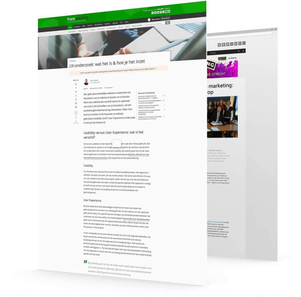 Een uitgebreid artikel publiceren op Frankwatching of Marketingfacts kan heel effectief zijn voor je community. Deze afbeelding toont de website van Frankwatching.