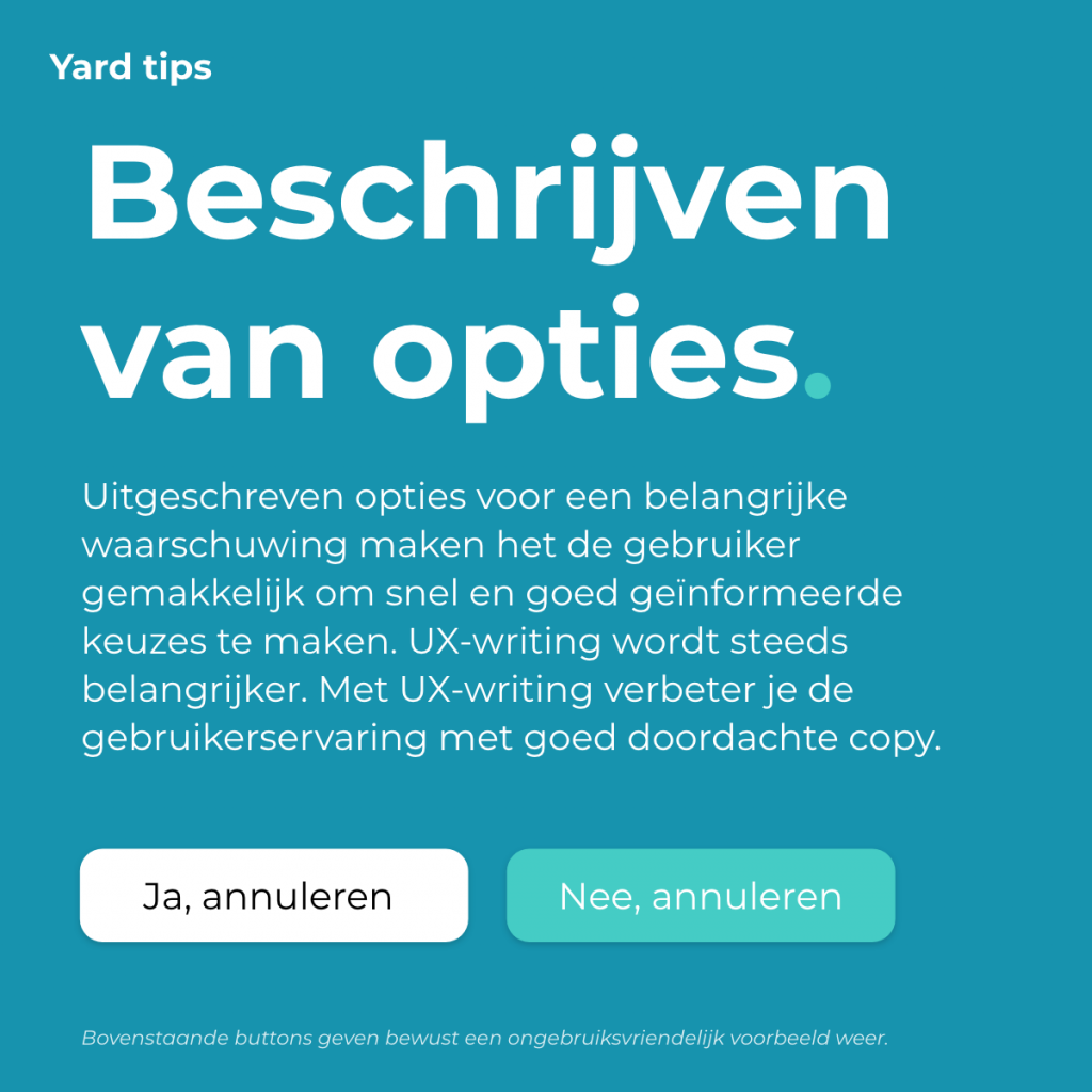 Een visuele tip om te laten zien hoe belangrijk het is om de juiste woorden te kiezen in jouw buttons.