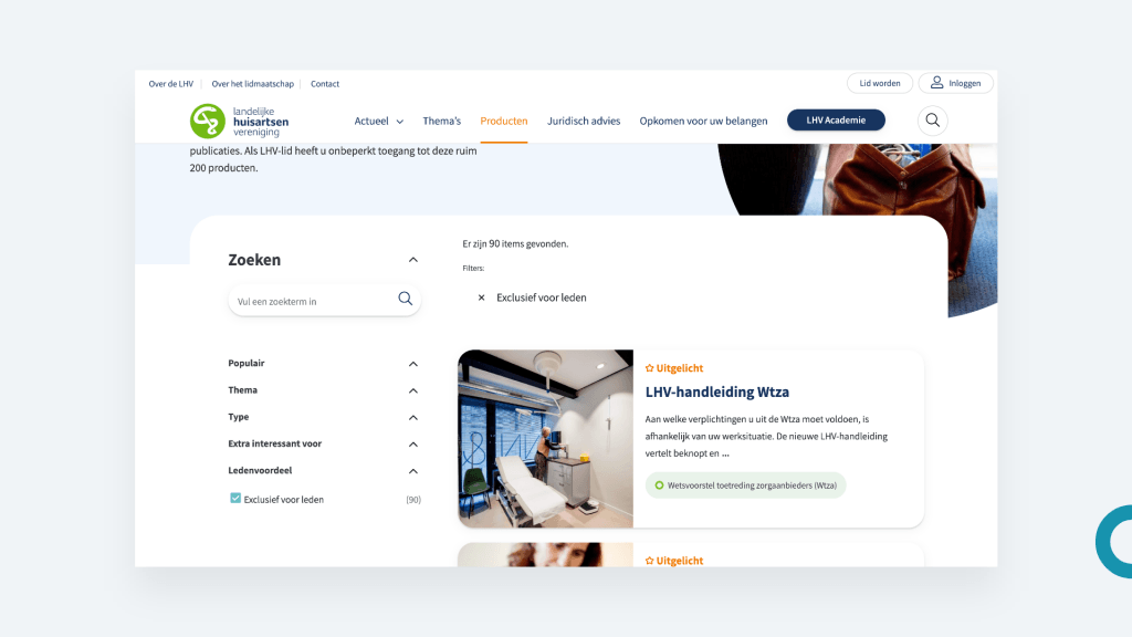 De kennisbank op de website van de Landelijke huisartsenvereniging heeft uitklapbare filters en je kunt filteren op content exclusief voor leden.