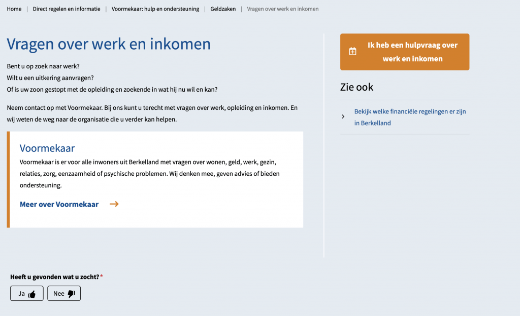 Deze afbeelding geeft een website van een gemeente weer. Een pagina waar te weinig tekst op staat kan verwarrend voor de gebruiker zijn.