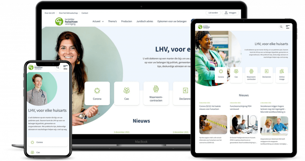 Deze afbeelding toont diverse weergaves van de LHV website.