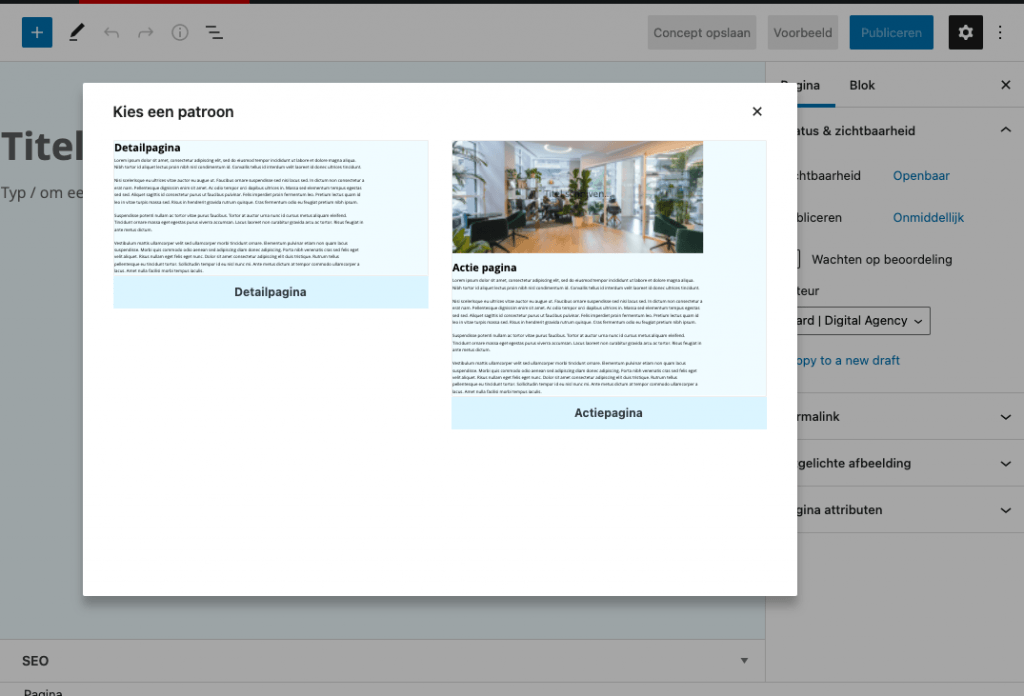 In WordPress 6.0 kun je previews van de verschillende sjablonen zien.