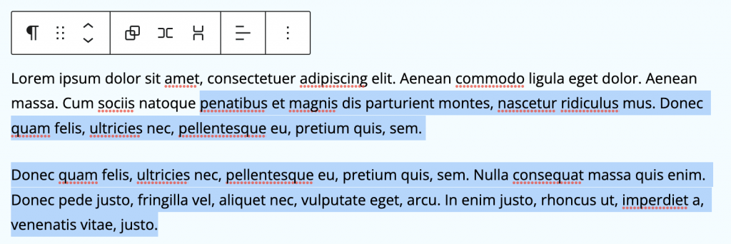 In WordPress 6.0 kun je tekst in meerdere blokken tegelijk selecteren.