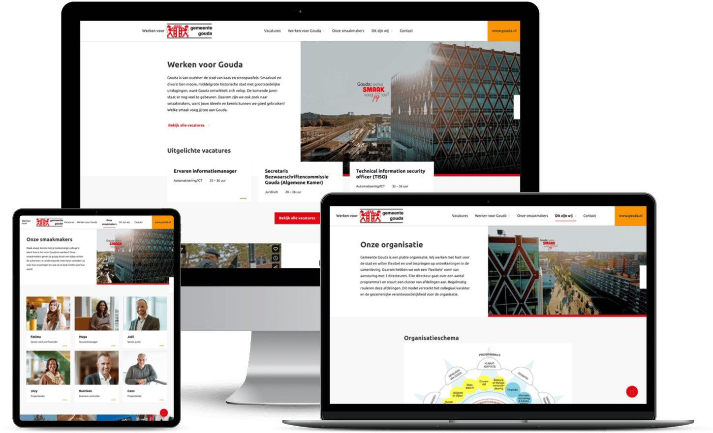 Drie mockups van de website Werken Voor Gouda