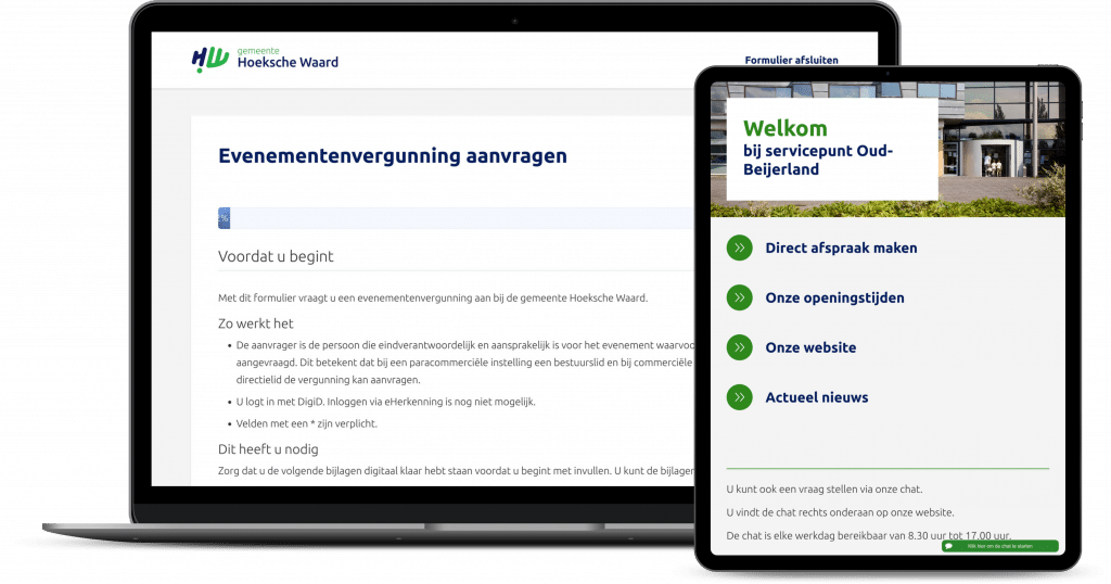 SIte van gemeente hoeksche waard op een tablet en op een laptop.