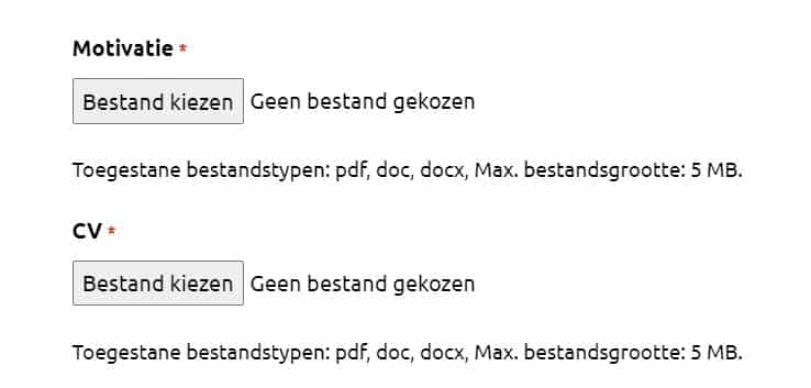 Afbeelding van een sollicitatieformulier met uploadknoppen.