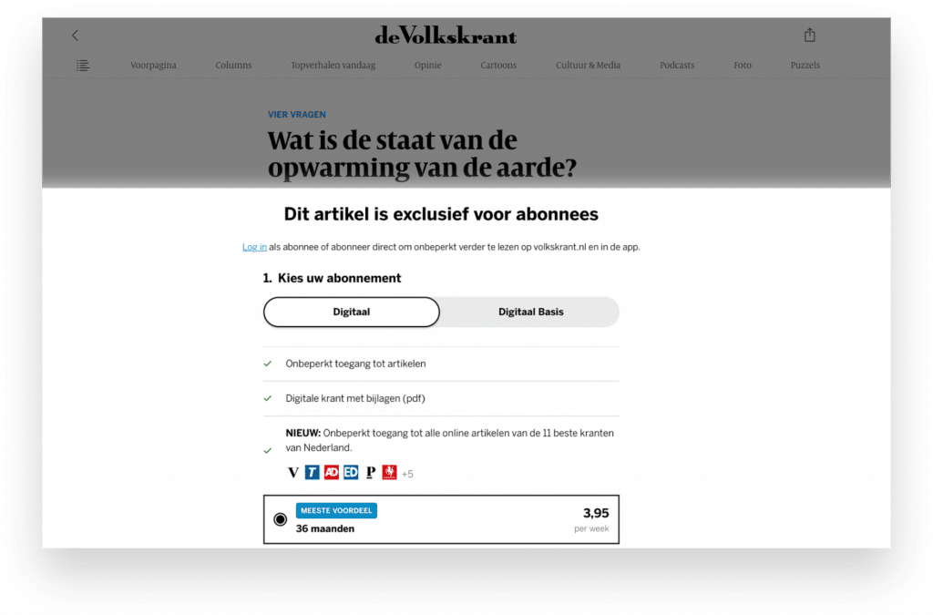 Een voorbeeld van gated content op de webpagina van Volkskrant