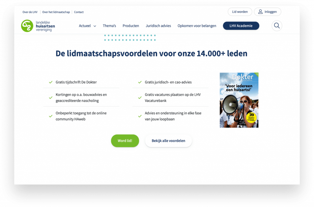 De website van de LHV, met een duidelijke verwijzing over de voordelen van een lidmaatschap.