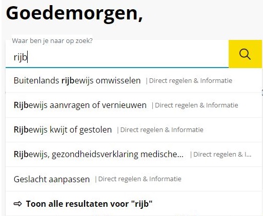 Voorbeeld van een gemeentewebsite waar je meteen resultaten te zien krijgt voor 'rijbewijs' als je 'rijb' intypt. 