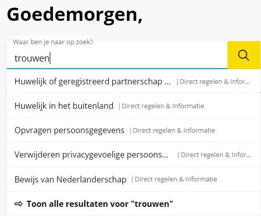 Voorbeeld van een gemeentewebsite waar je met de zoekterm 'trouwen' ook resultaten krijgt over een huwelijk. 