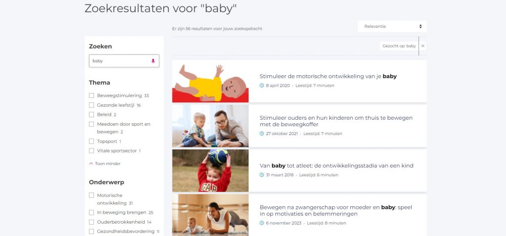 Voorbeeld van de zoekresultaten bij de zoekterm 'baby' op de website Alles over sport. 