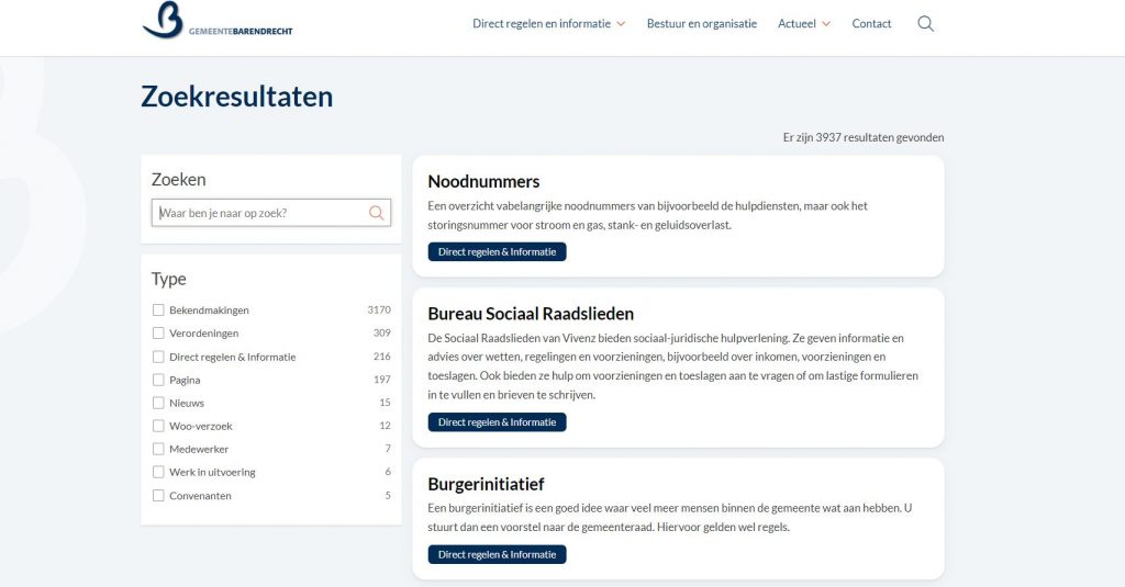 Voorbeeld van de zoekresultatenpagina van gemeente Barendrecht.