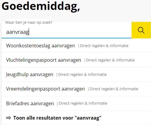 Voorbeeld van een gemeentewebsite waar je met de term 'aanvraag' ook resultaten krijgt met het woord 'aanvragen'.