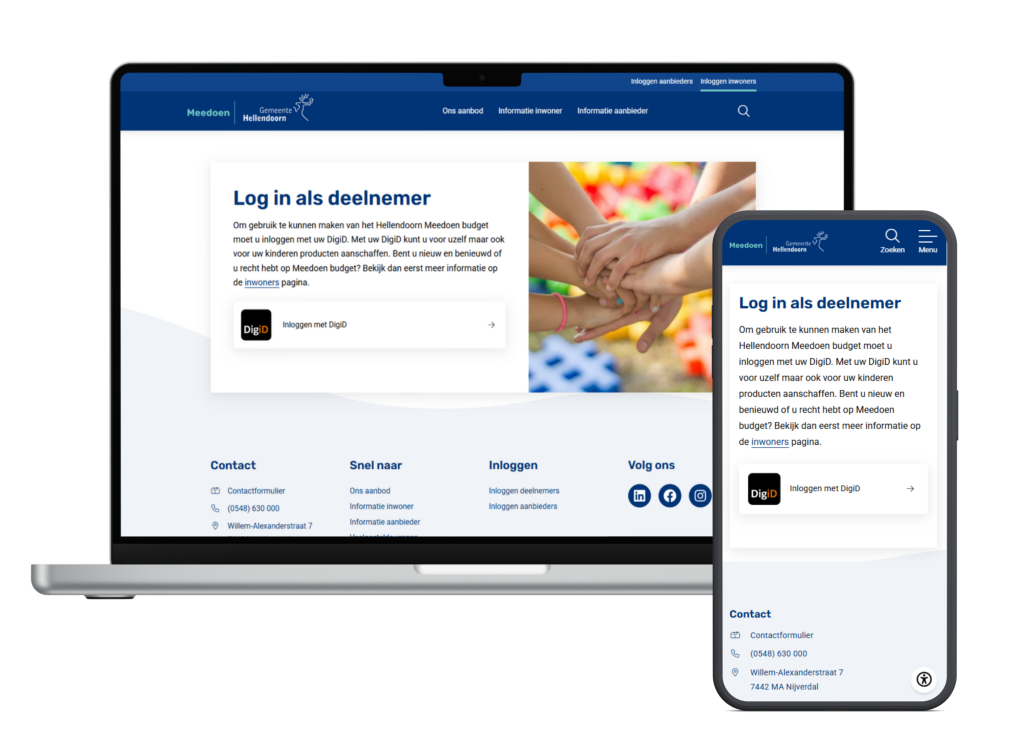 De afbeelding laat verschillende pagina's zien van de Meedoen-omgeving van Hellendoorn. 