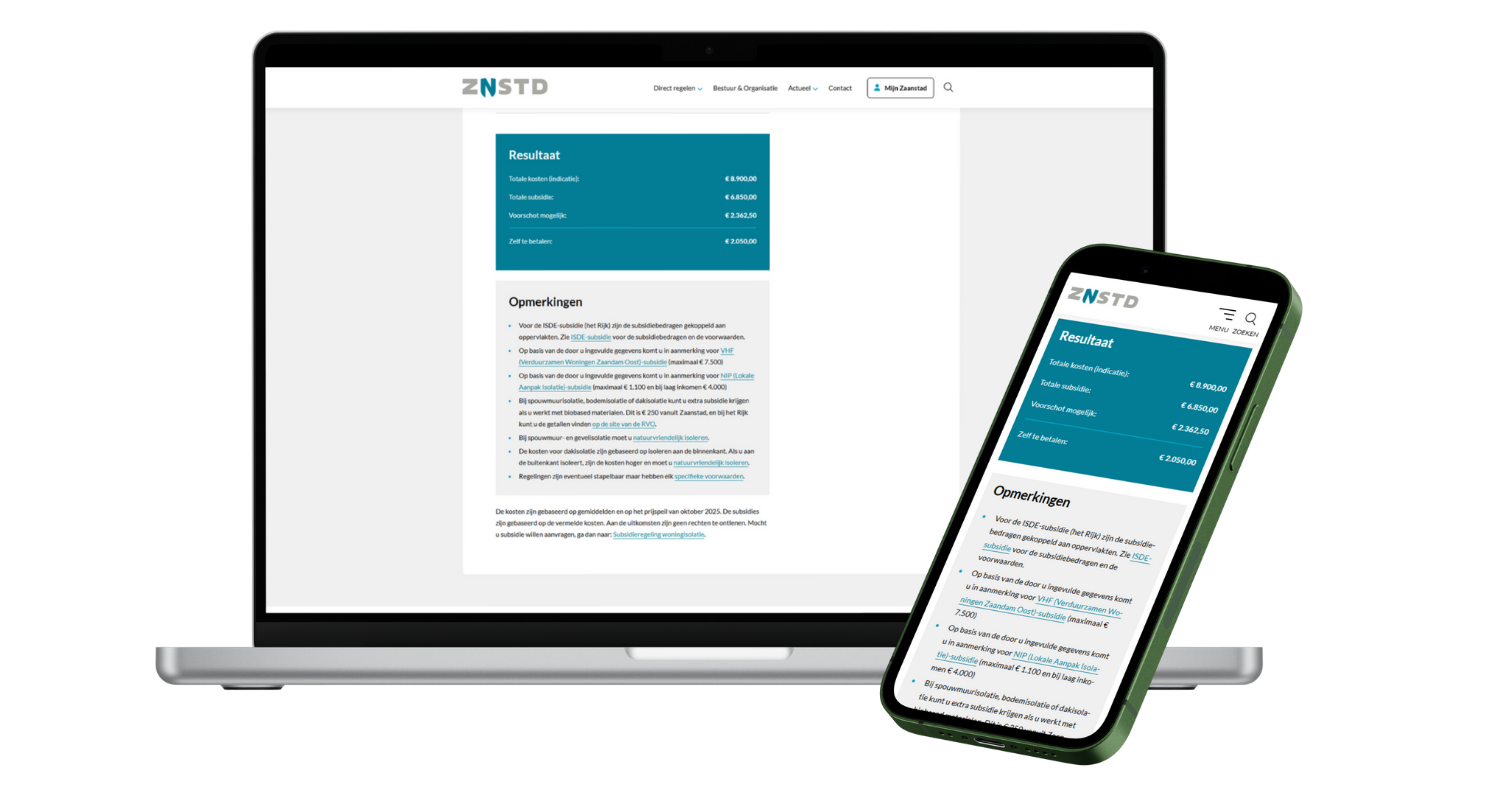 De schermen van een laptop en een mobiel met daarop de resultaten van de subsidiechecker van gemeente Zaanstad. De resultaten bestaan uit een indicatie van de totale kosten, de totale subsidie, of er een voorschot mogelijk is en wat je zelf nog moet betalen.