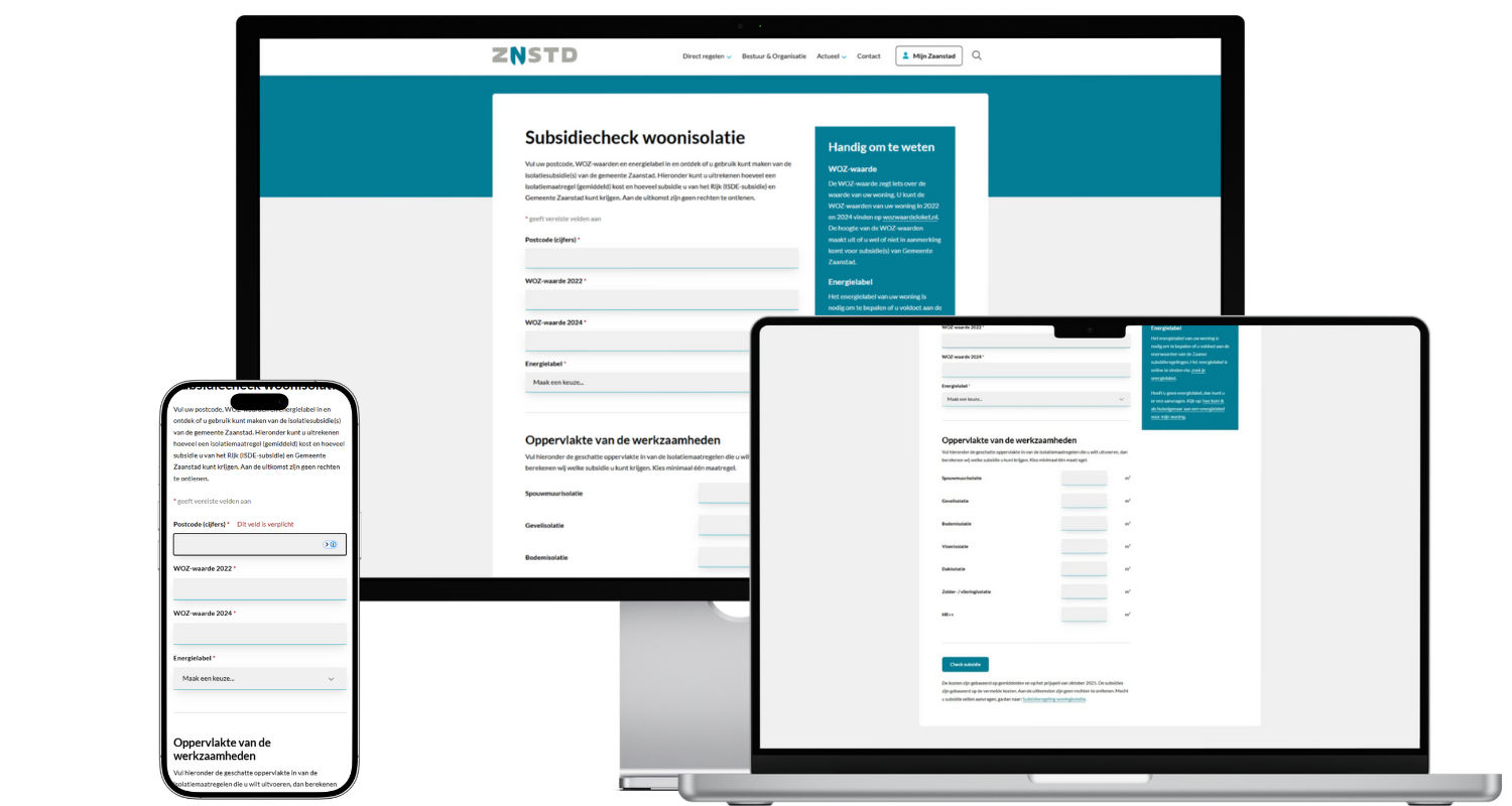 Je ziet de schermen van een desktop, laptop en mobiel met daarop het korte formulier van de subsidiechecker. Inwoners vullen een paar gegevens in en krijgen dan een betrouwbaar inzicht in de beschikbare subsidies.