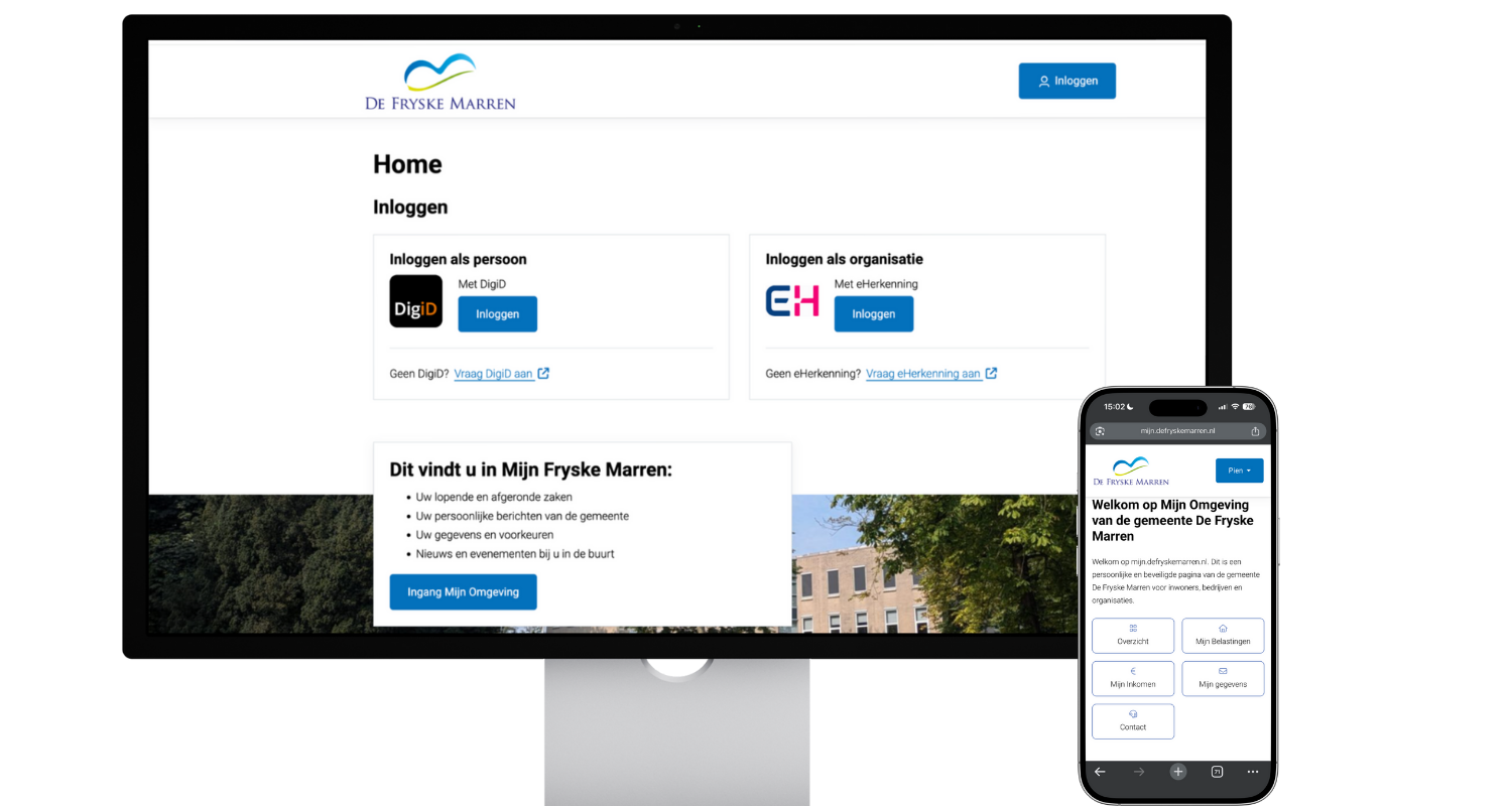 Laptop met het inlogscherm van de MijnOmgeving van gemeente Fryske Marren. En een mobiel met op het scherm de welkomstboodschap die je ziet na het inloggen.