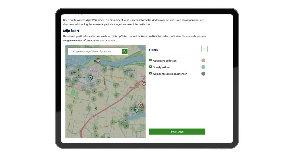Afbeelding van MijnKaart in de MijnOmgeving van gemeente Hoeksche Waard. Hieraan kan de gemeente allerlei informatie toevoegen zoals hondenuitlaatplekken, speeltuinen en projecten.